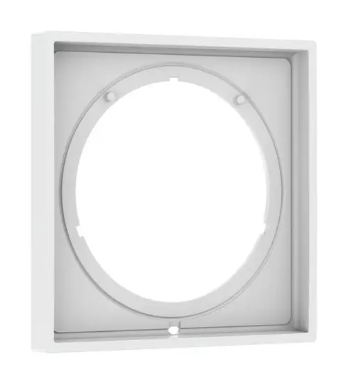 Eckige Verlängerungsrosette in Mattweiß, geeignet für Hansgrohe Produkte. Die Rosette hat einen runden Ausschnitt in der Mitte und Details zur Befestigung.